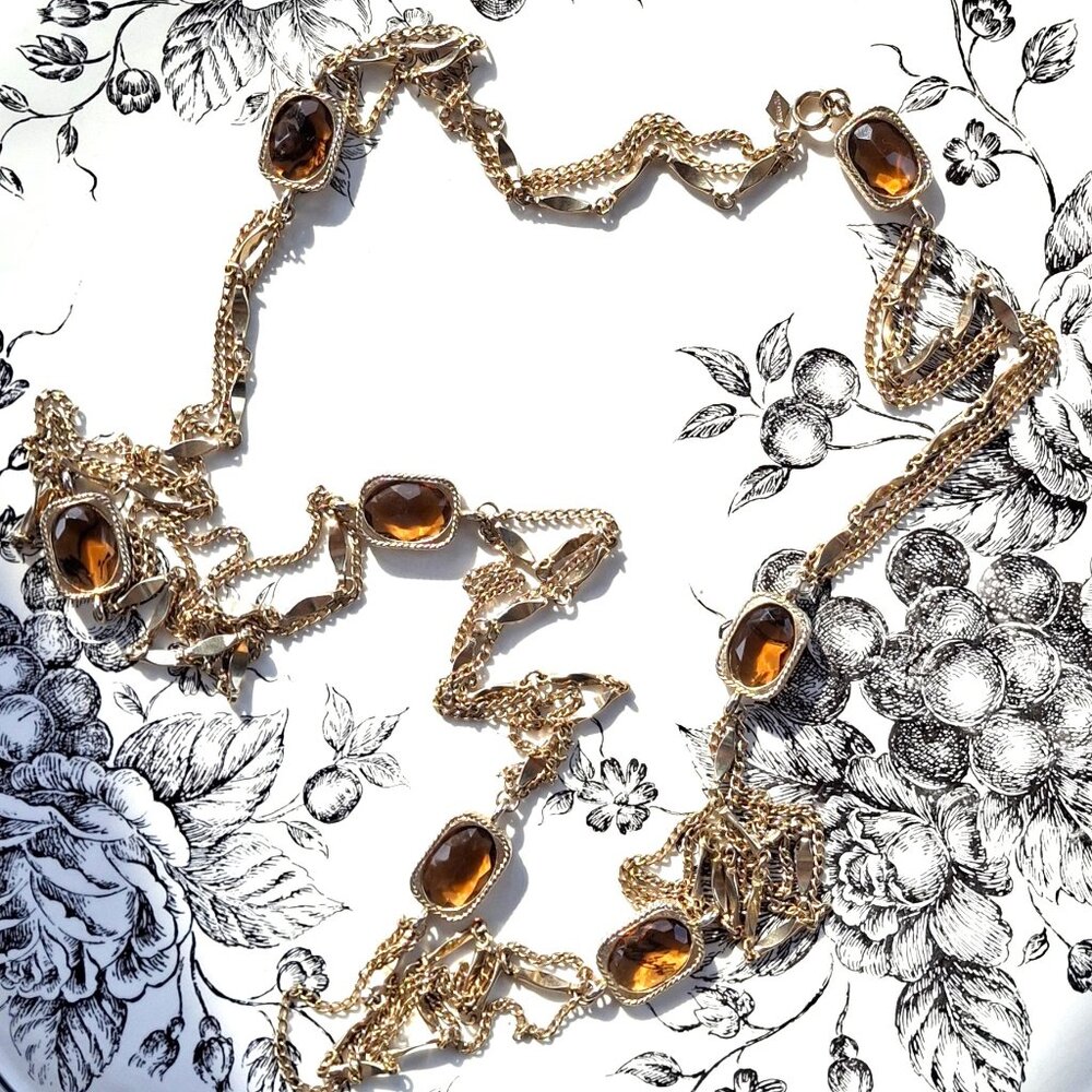 Vintage Sarah Coventry Gold Tone Topaz Bezel Glass Station Necklace